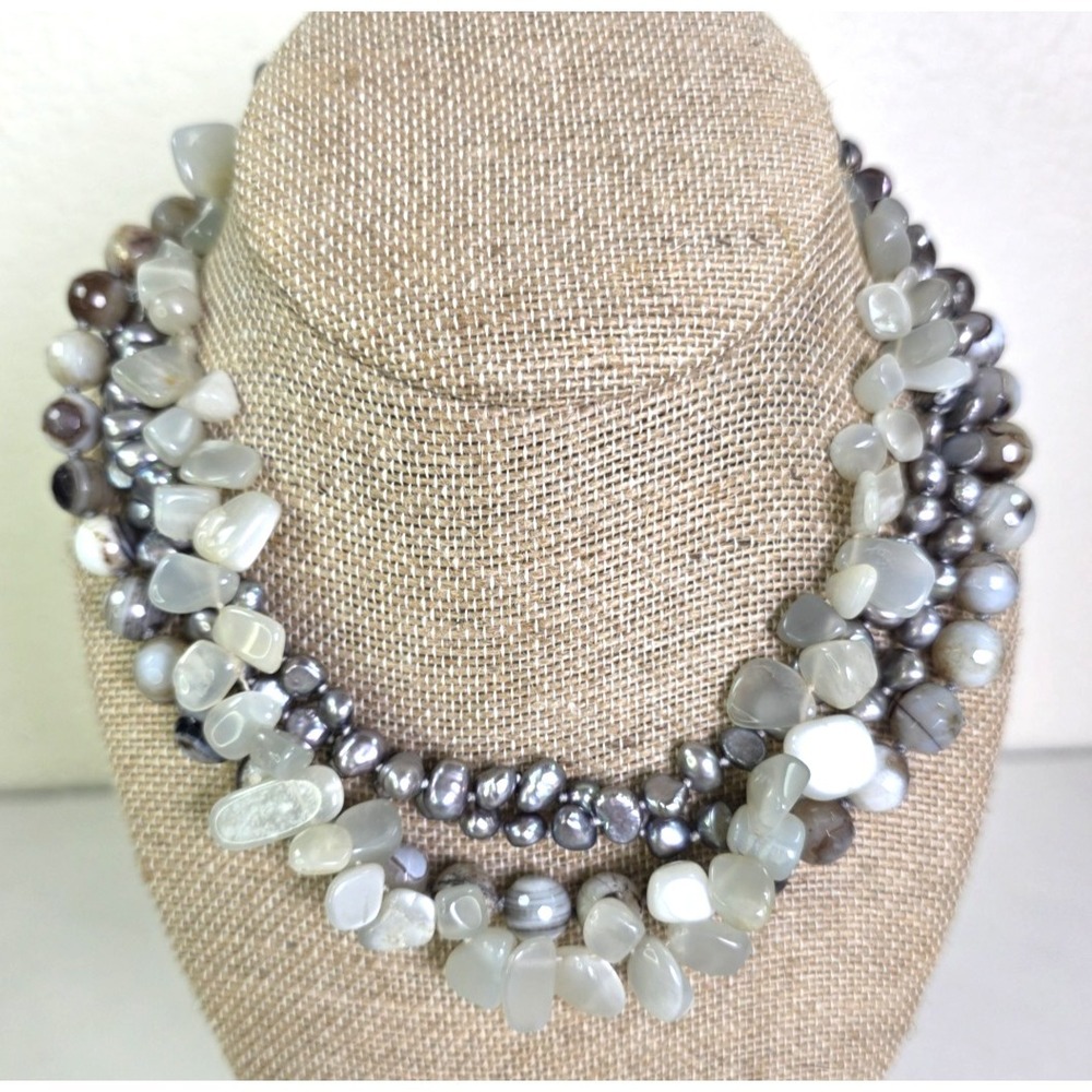 Genuine Gemstone Pearl Necklace Choker 19" Gray White Browns 4 Strands Sterling